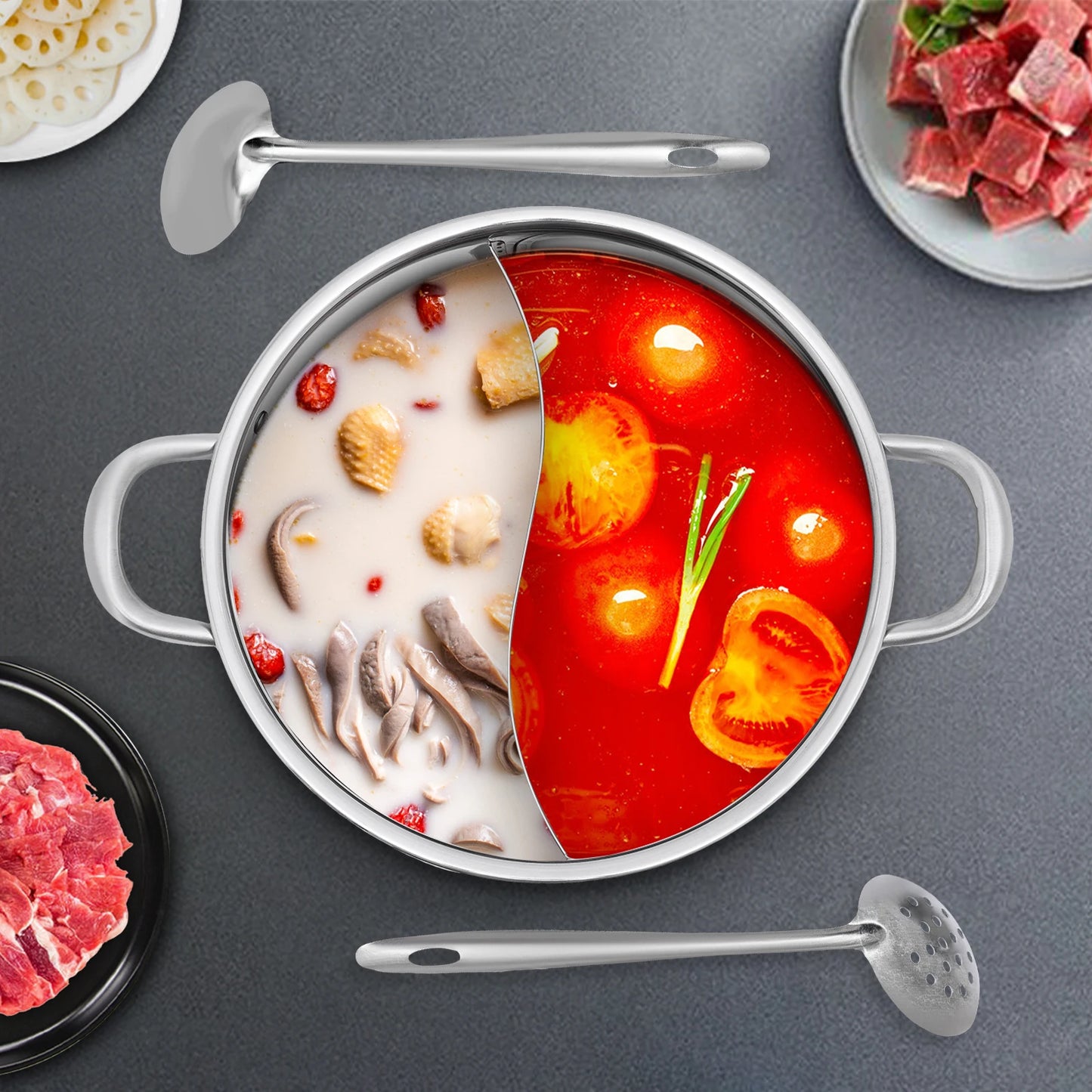 28/32/34cm 304 Stainless Steel Hot Pot Set with Lid and Spoon