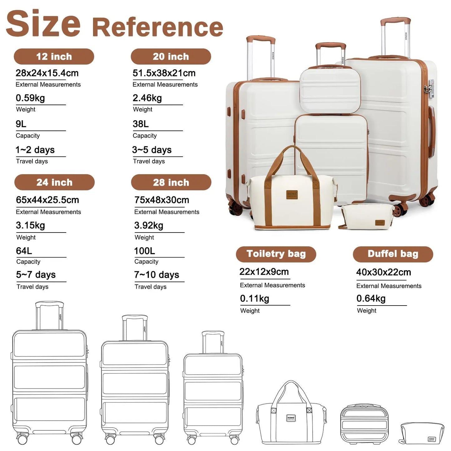 Kono 6-Piece Luggage Set, Lightweight Hard Shell Suitcases