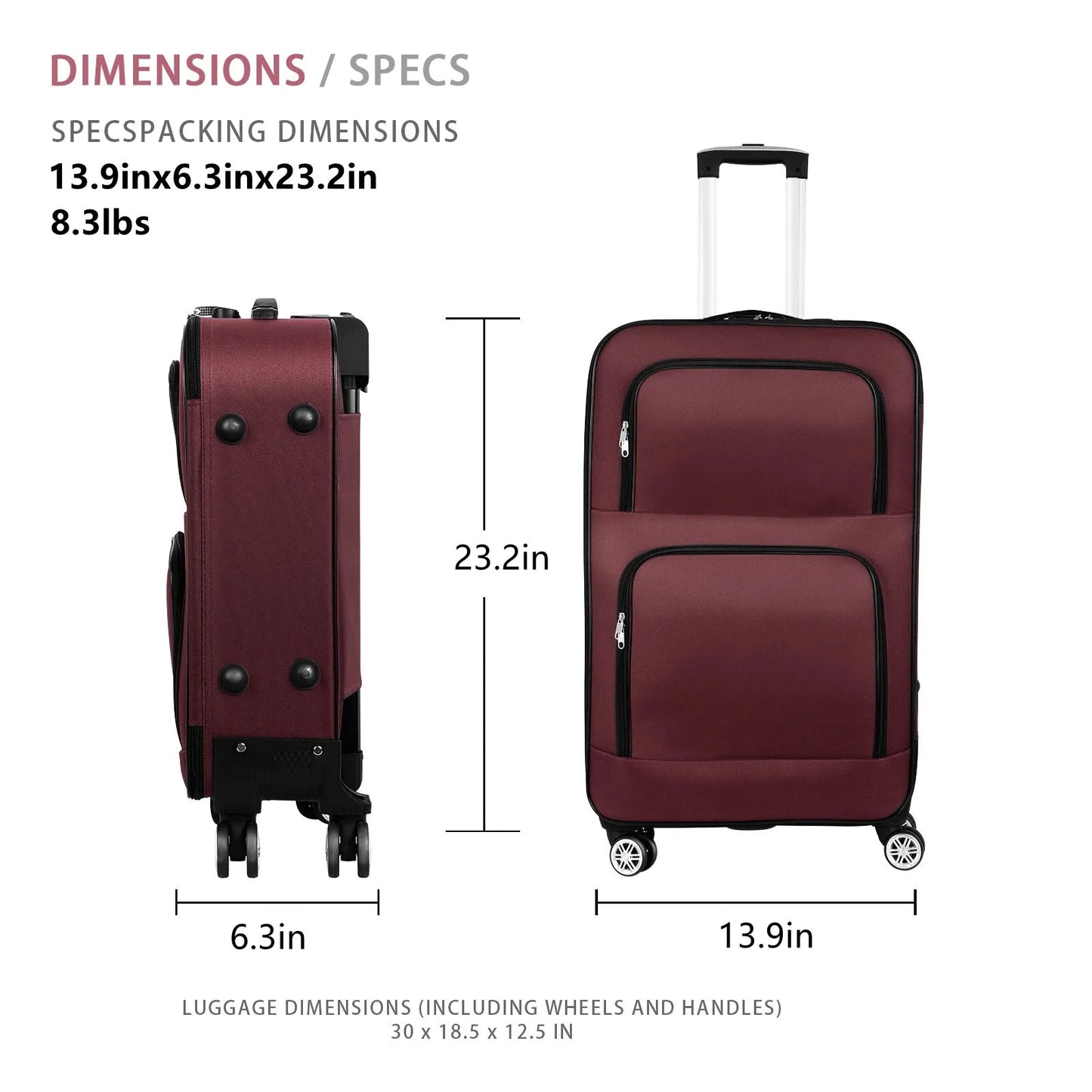 Soft Edged Travel 20 Inch Lightweight Luggage With Rotating Wheels