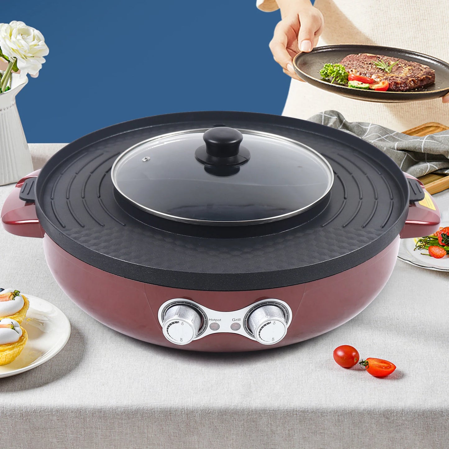 2 In 1 Electric Hot Pot BBQ Grill 2200W Portable Skillet