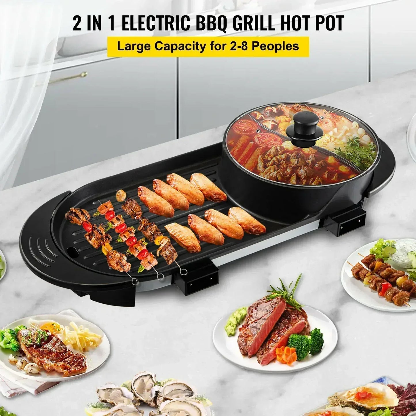 VEVOR Electric BBQ Pan 2 in 1 Grill Hot Pot Portable