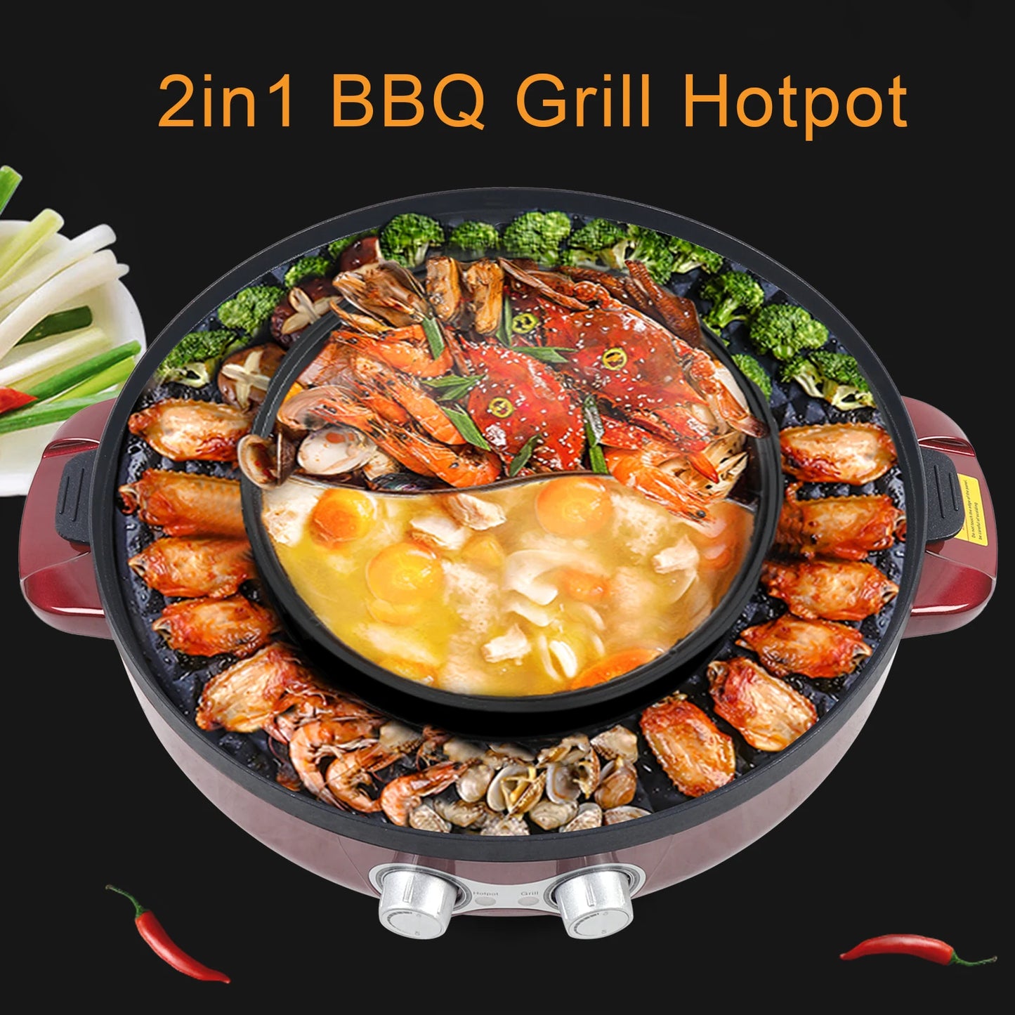 2 In 1 Electric Hot Pot BBQ Grill 2200W Portable Skillet