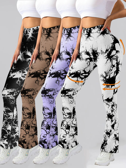 4 Pack US Local Women's Tie Dye Flared Yoga Pants High Waisted Hip Lift Athletic Leggings Wide Leg Gym Pants