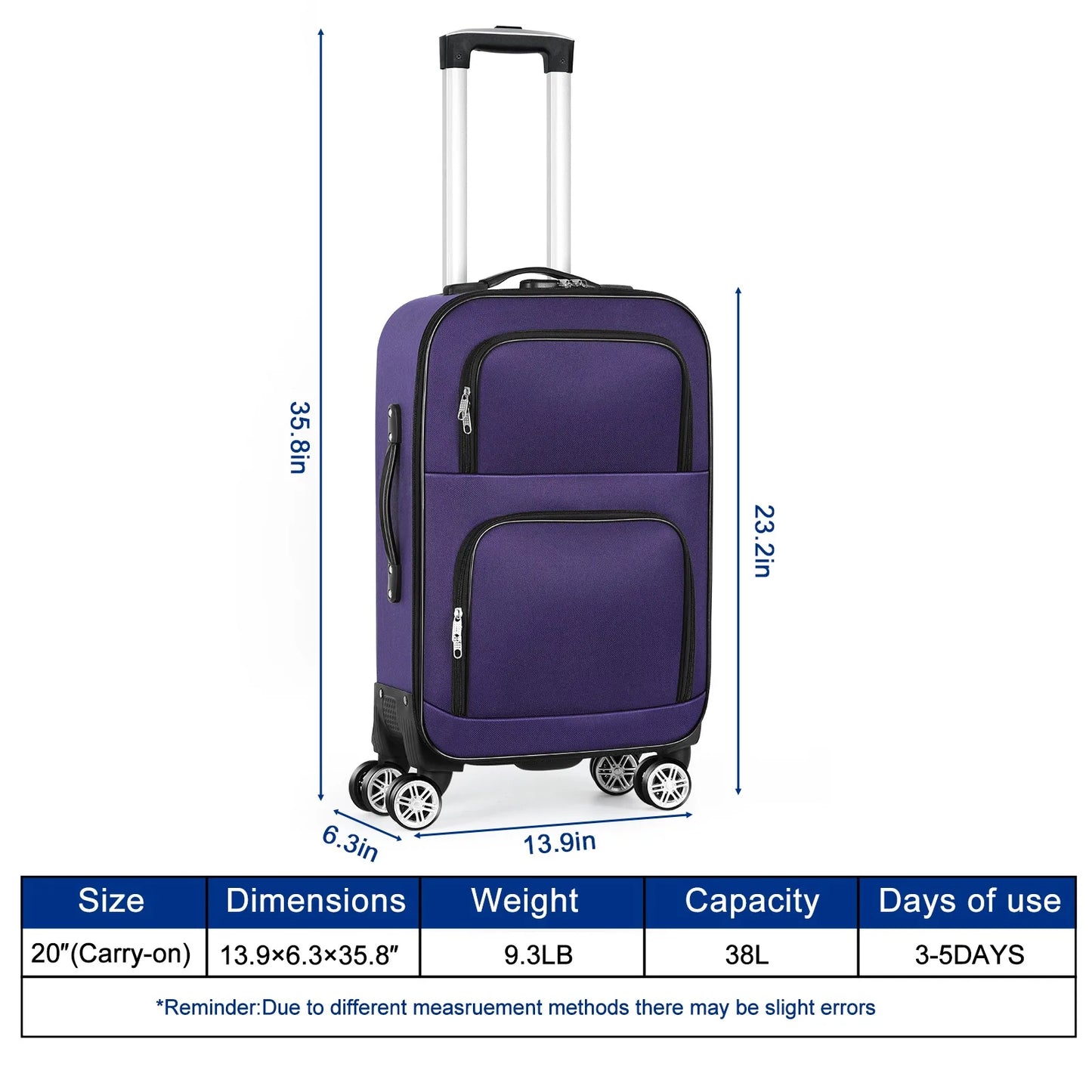Soft Edged Travel 20 Inch Lightweight Luggage With Rotating Wheels