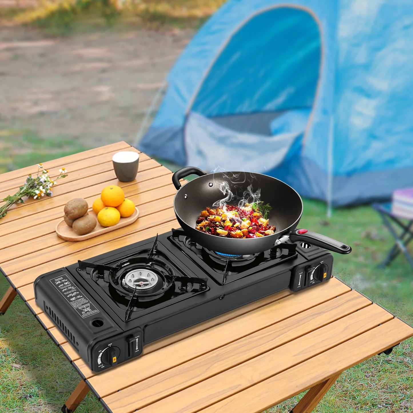 Portable Camping Double Head Card Stove Hot Pot Outdoor Barbecue Gas Stove