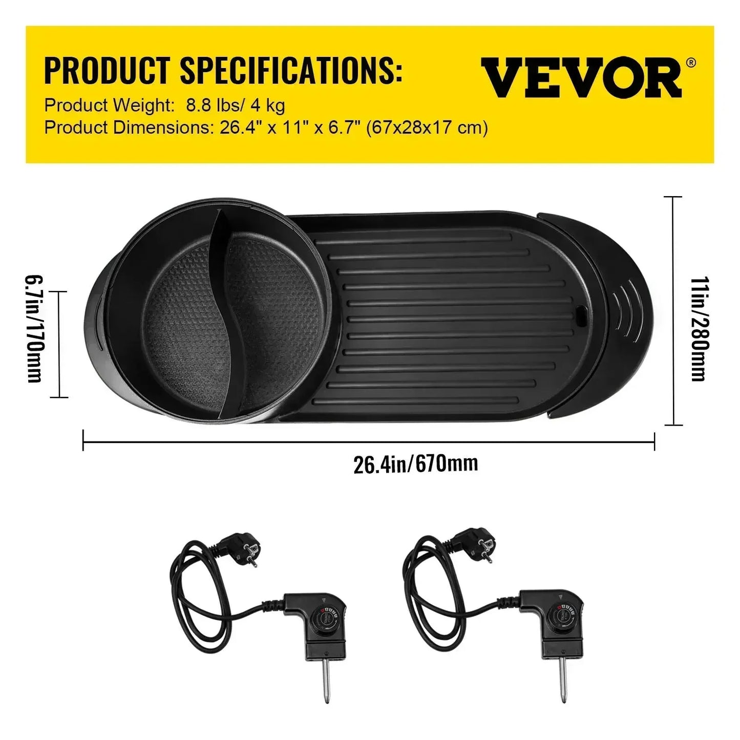 VEVOR Electric BBQ Pan 2 in 1 Grill Hot Pot Portable