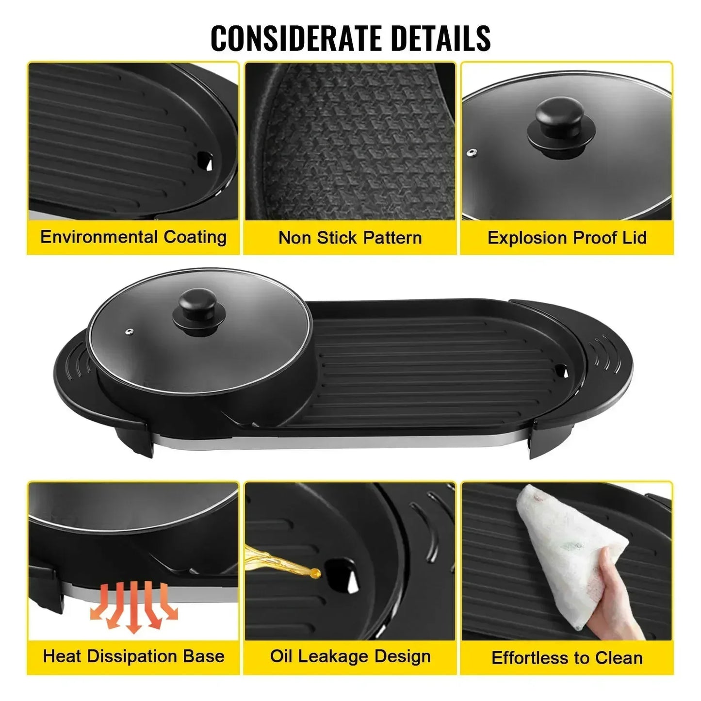 VEVOR Electric BBQ Pan 2 in 1 Grill Hot Pot Portable
