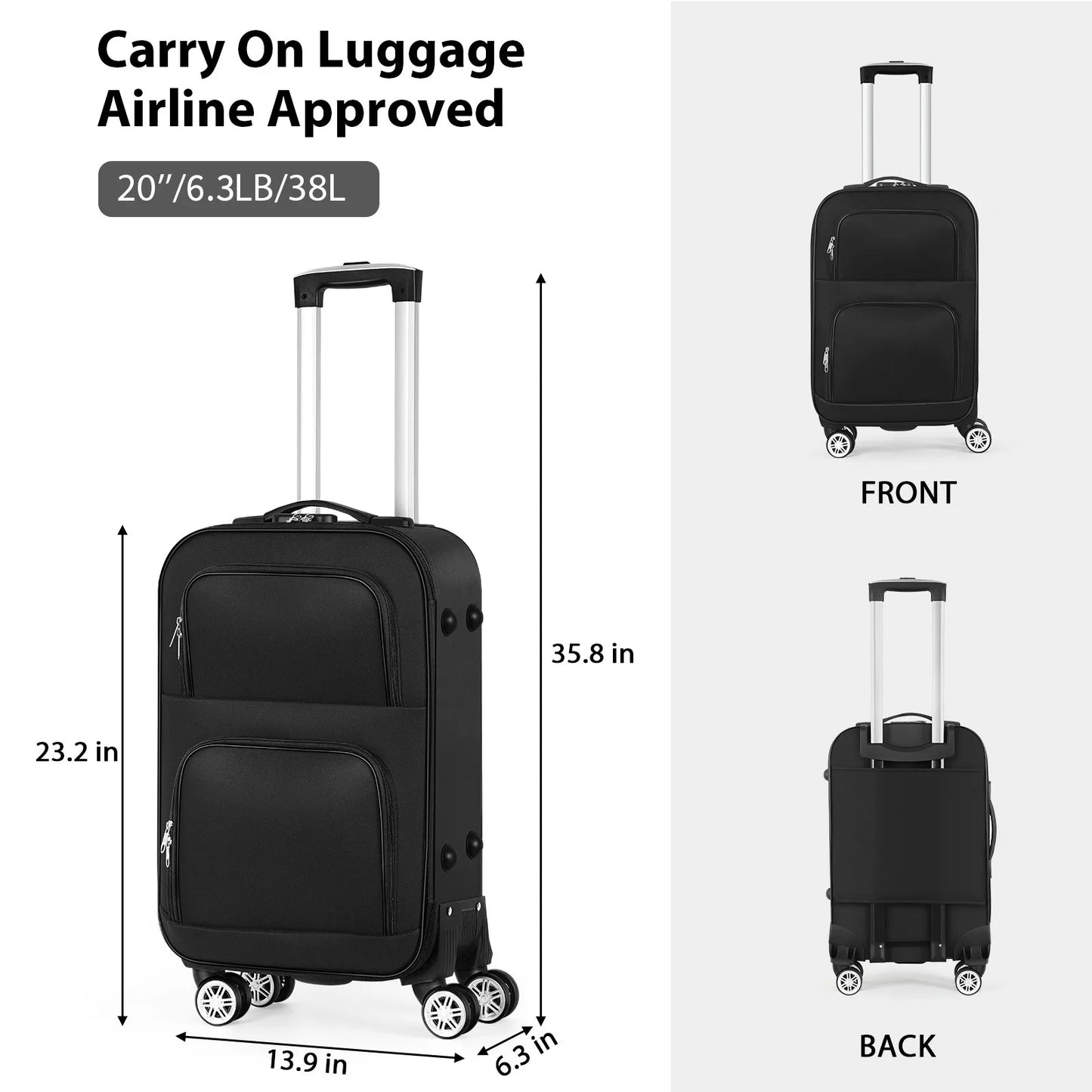 Soft Edged Travel 20 Inch Lightweight Luggage With Rotating Wheels