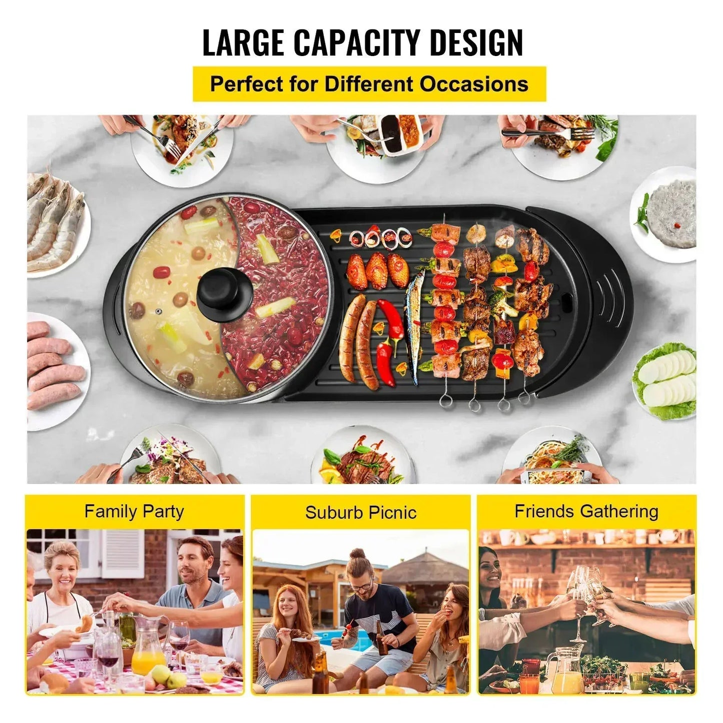 VEVOR Electric BBQ Pan 2 in 1 Grill Hot Pot Portable