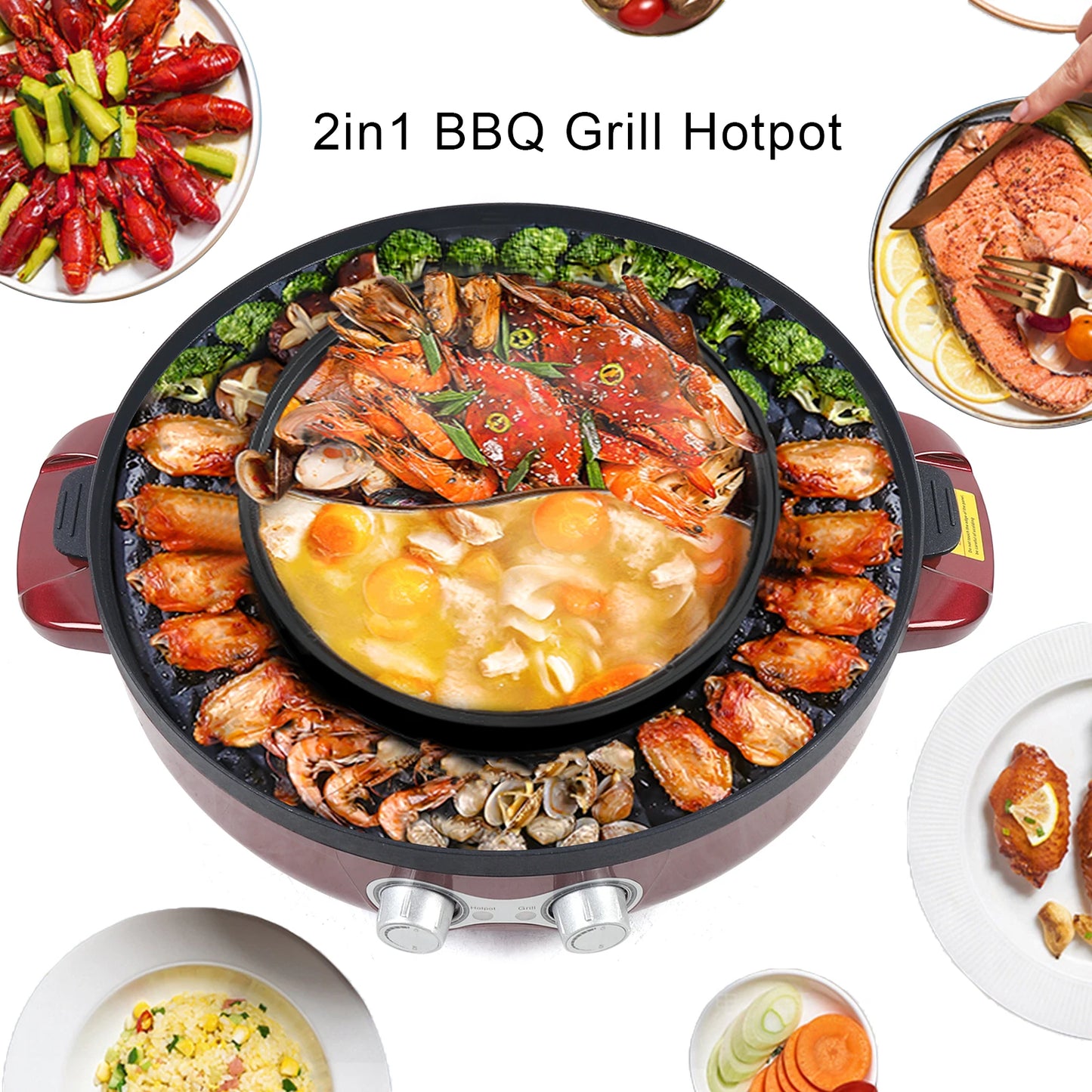 2 In 1 Electric Hot Pot BBQ Grill 2200W Portable Skillet