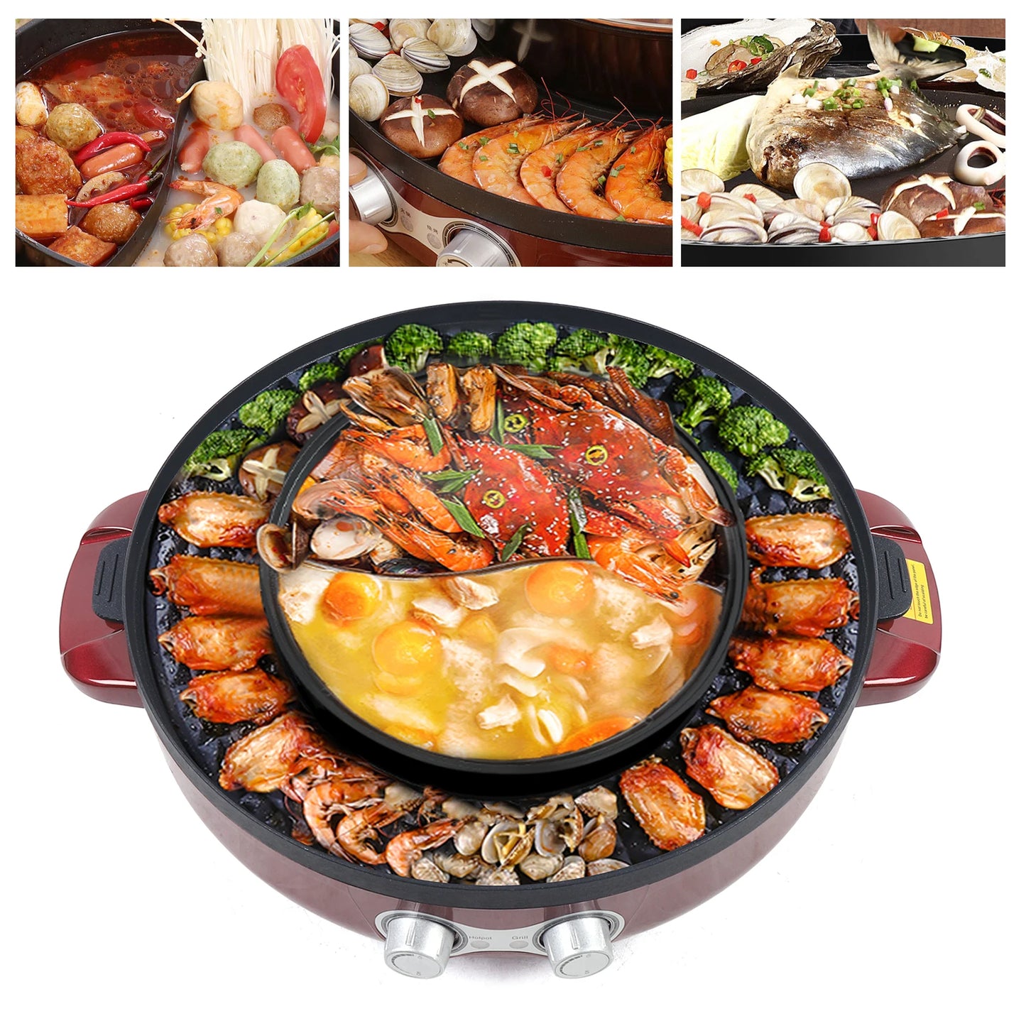 2 In 1 Electric Hot Pot BBQ Grill 2200W Portable Skillet