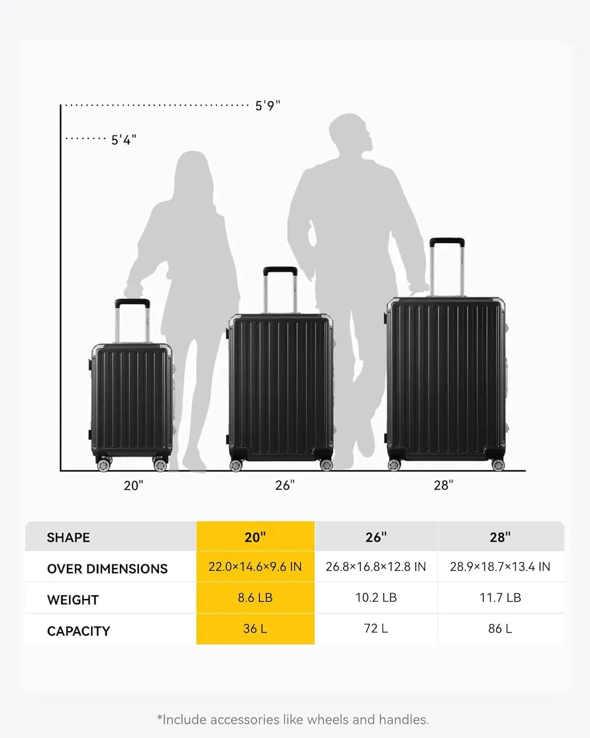 LUGGEX Luggage with Spinner Wheels 20-Inch Black Carry-On